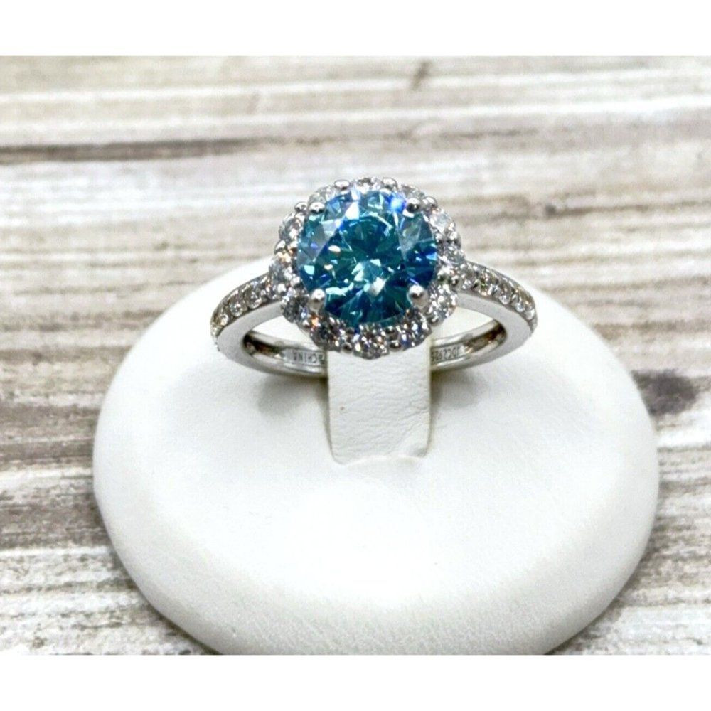 Sterling Silver Ring Sky Blue CZ Faceted Solitaire Halo Clear CZ Size 7.75 Prong